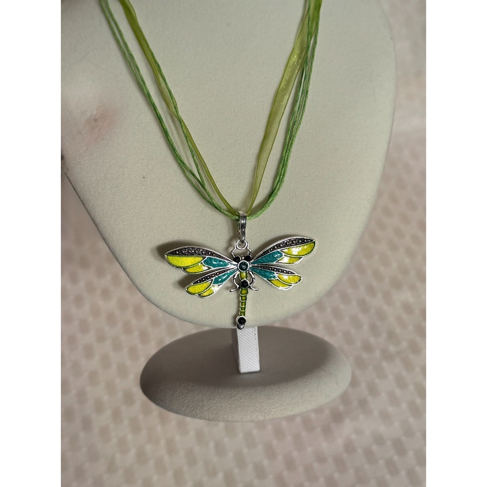 Green and Teal Silver Tone Enamel & Gems Dragonfly Pendant Necklace